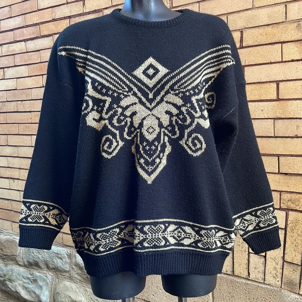 Vintage Adele Knitwear black gold metallic abstract sweater Measurements